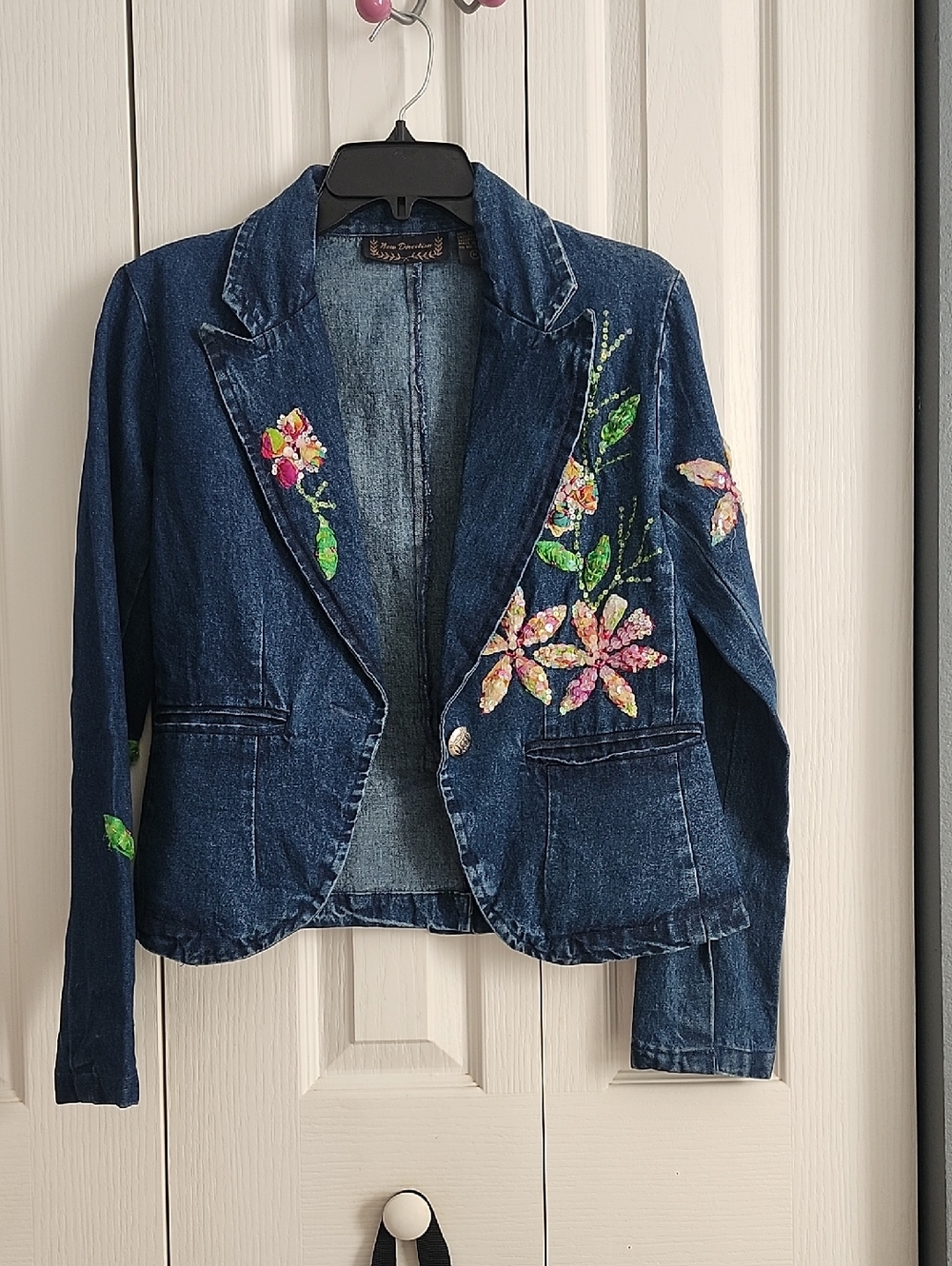 new directions Dark Blue Embroidered Floral Denim Jacket